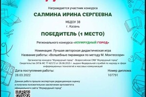 Диплом / сертификат №2 — Салмина Ирина Сергеевна