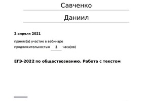 Диплом / сертификат №20 — Савченко Данил Вячеславович