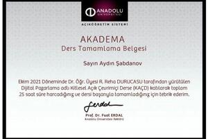 Anadolu Üniversitesi. Анатолийский Университет, г. Ескишехир, Турция. Краткосрочные курсы. Маркетинг, 20212022 гг. — Шабданов Айдын Кажиакбарулы