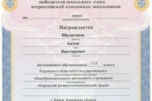 Диплом победителя школьного этапа Всероссийской олимпиады школьников по химии 2015 — Шалагинов Антон Викторович