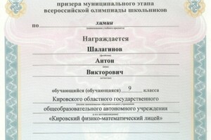 Диплом призера муниципального этапа Всероссийской олимпиады школьников по химии 2013 — Шалагинов Антон Викторович