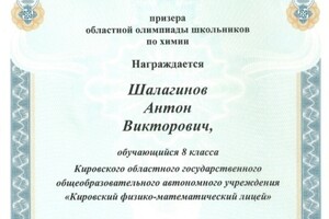 Диплом призера областной олимпиады школьников по химии 2013 — Шалагинов Антон Викторович