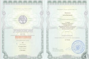 Диплом призера заключительного этапа Всероссийской олимпиады школьников по химии 2016 — Шалагинов Антон Викторович