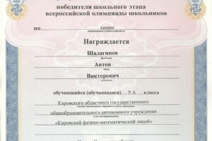 Диплом победителя школьного этапа Всероссийской олимпиады школьников по химии 2013 — Шалагинов Антон Викторович