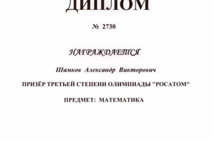 Диплом призера олимпиады школьников — Шамков Александр Викторович