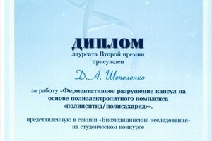 Диплом лауреата премии за работу, представленную в секции \