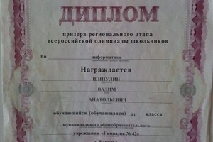 Диплом призера ВСОШ по информатике регионального уровня 2011г. — Шипулин Вадим Анатольевич