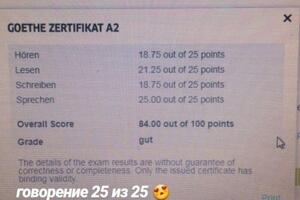 Результаты Матвея на экзамене А2, результат с 0 за 5,5 месяцев. — Швец Татьяна Сергеевна