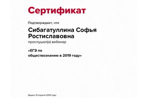 Сертификат участника вебинара — Сибагатуллина Софья Ростиславовна