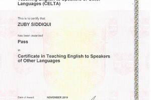 CELTA Certificate — Siddiqui Zuby Shakeel Ahmed