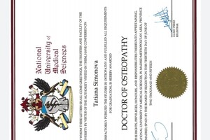 National University Of Medical Science Diploma, BSc in Osteopathic Sciences and DO (Doctor of Osteopathy); Национальный... — Симонова Татьяна Олеговна