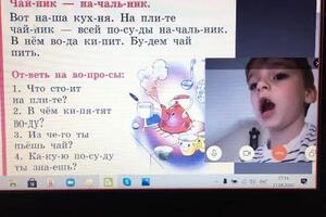 Обучение дистанционно в комплексе с чтением книги на столе у школьника, с рабочей тетрадью, артикуляционной и... — Соловьева Елена Алексеевна