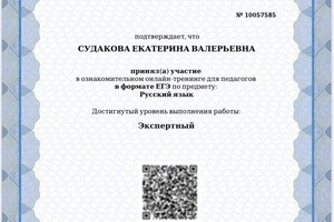 Свидетельство о сдаче ЕГЭ. Экспертный уровень — Судакова Катерина Валерьевна