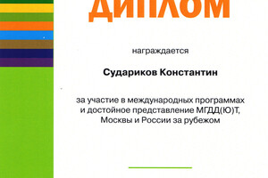 Диплом за участие в международных программах — Судариков Константин Викторович