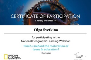 Сертификат участия в вебинаре от National Geographic Learning, посвященного работе с мотивацией учеников — Светкина Ольга Викторовна