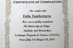 The University of Tokyo, School of Science, Research program — Тамбовцева Юлия Александровна