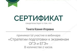 Диплом / сертификат №10 — Тенета Ксения Игоревна