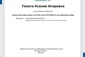 Диплом / сертификат №13 — Тенета Ксения Игоревна