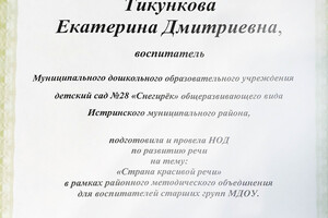 Сертификат о подготовке и проведении НОД по развитию речи (2018 г.) — Тикункова Екатерина Дмитриевна