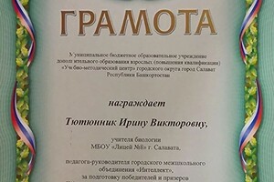 Диплом / сертификат №110 — Тютюнник Ирина Викторовна