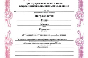 Диплом / сертификат №27 — Усенко Максим Сергеевич