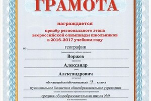 Призёр областной олимпиады по географии (2017) — Воржев Александр Александрович