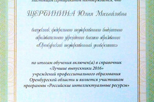 Сертификат, подтверждающий включение в справочник Лучшие выпускники 2016 — Щербинина Юлия Михайловна