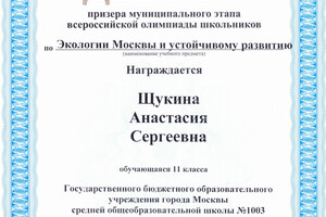 Диплом призёра олимпиады — Щукина Анастасия Сергеевна