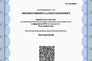 Сертификат, подтверждающий экспертный уровень выполнения ЕГЭ по русскому языку. — Яценко Никита Александрович