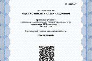 Сертификат, подтверждающий экспертный уровень выполнения ЕГЭ по литературе. — Яценко Никита Александрович