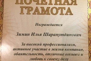 Грамота — Зимин Илья Шарапутдинович