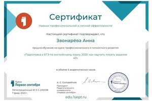 Диплом / сертификат №11 — Звонарева Анна Валерьевна