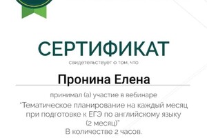 Диплом / сертификат №11 — Пронина Елена Васильевна