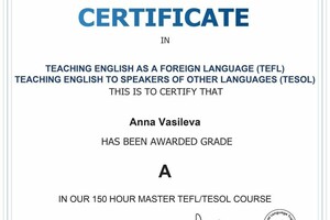 Сертификат TEFL&TESOL — Васильева Анна Алексеевна