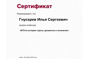 Организатор и ведущий вебинара для преподавателей ЕГЭ по истории: карты, аргументы и сочинение — Гнусарев Илья Сергеевич