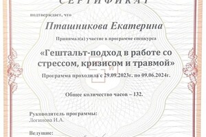 Пташникова Екатерина Анатольевна — Диплом / сертификат №5