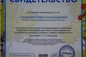 Свидетельство о подготовке победителей международной олимпиады \