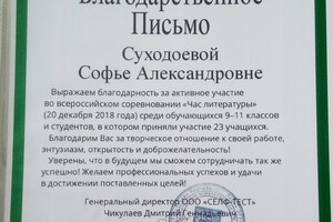 Благодарственное письмо за подготовку студентов к Всероссийскому соревнованию \