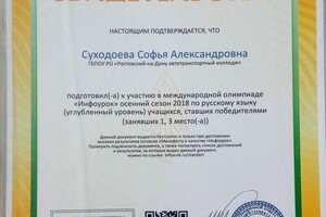 Свидетельство о подготовке к участию в международной олимпиаде по русскому языку учащихся, ставших победителями; 2018 г. — Суходоева Софья Александровна