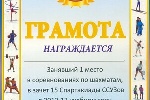 Занявший 1 место в соревнованиях по шахматам, в зачёте 15 Спартакиады ССУЗов — Ветошкин Владислав Сергеевич