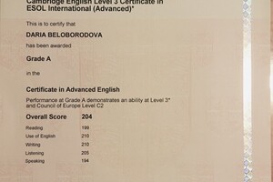 Международный экзамен по английскому CAE, Grade A, 2019 — Белобородова Дарья Евгеньевна