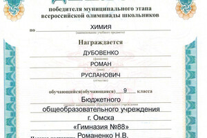 Диплом победителя муниципального этапа ВОШ 2014/2015 учебного года по химии — Дубовенко Роман Русланович