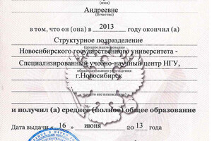 Сертификат об окончании специализированного учебно-научного центра при НГУ — Фомина Валерия Андреевна