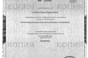 Диплом / сертификат №4 — Гольник Анна Родионовна