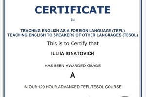 Имею международный сертификат преподавателя английского языка Tefl/Tesol — Игнатович Юлия Эдуардовна