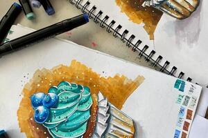 Food-sketch; Моя работа и моей ученицы Ани 8 лет; Материалы :; Спиртовые маркеры, лайнеры, белый акриловый маркер — Клёфа Жанна Владимировна