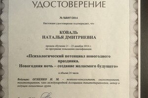 Удостоверение по программе Психологический потенциал новогоднего праздника — Коваль Наталья Дмитриевна