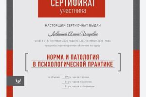 Повышение квалификации, Норма и патология в психологической практике — Лёвкина Алина Игоревна