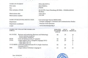 Диплом университета Бергамо и список сданных дисциплин — Малаканова Екатерина Александровна
