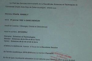 Diplôme de licence obtenu après trois ans d\'etudes supérieures — Ниабали Калифа Сори